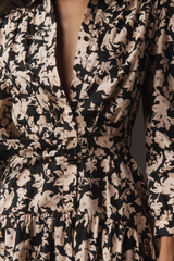 Elegant Black Poly Rayon Collared Dress With Floral Print & Cuff Sleeve