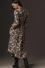 Elegant Black Poly Rayon Collared Dress With Floral Print & Cuff Sleeve