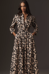 Elegant Black Poly Rayon Collared Dress With Floral Print & Cuff Sleeve