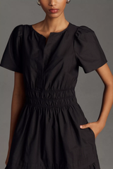 Stylish Black Poly Rayon V-Neck Dress With Solid & Puff Sleeves