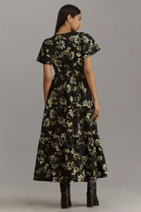 Elegant Black Poly Rayon V-Neck Dress With Floral Print & Puff Sleeves