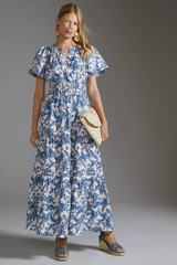 Chic White Blue Poly Rayon Floral Print Dress