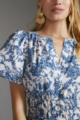 Stylish White Blue Poly Rayon V-Neck Dress With Floral Print & Puff Sleeves