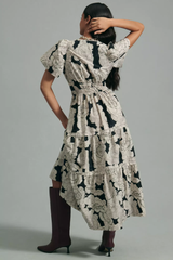 Ravising Black White Poly Rayon V-Neck Dress With Floral Print & Puff Sleeves