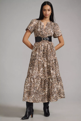 Elegant Brown Poly Rayon V-Neck Dress With Tiger Print & Puff Sleeves