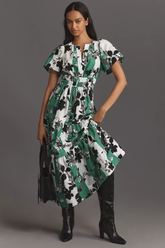 Chic White Teal Green Poly Rayon Floral Print Dress