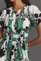 Chic White Teal Green Poly Rayon V-Neck Dress With Floral Print & Puff Sleeves