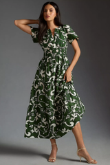 Chic Dark Green Poly Rayon Floral Print Dress