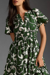 Ravising Dark Green Poly Rayon V-Neck Dress With Floral Print & Puff Sleeves