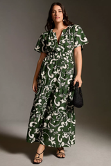Ravising Dark Green Poly Rayon V-Neck Dress With Floral Print & Puff Sleeves