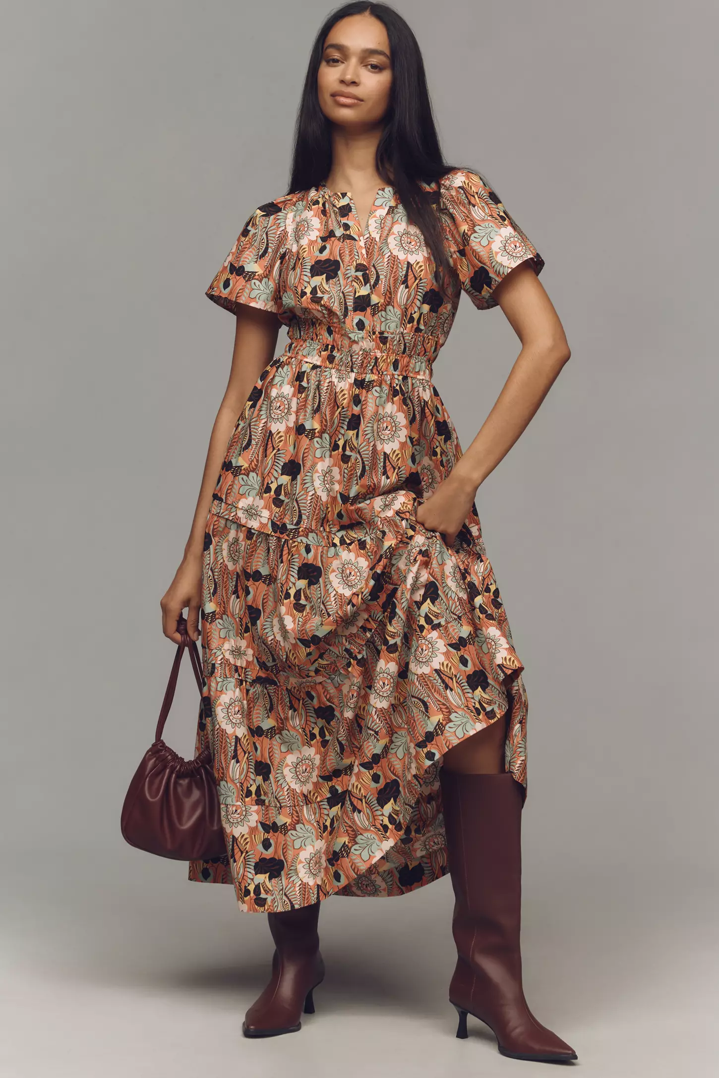Chic Orange Poly Rayon Floral Print Dress