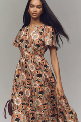 Elegant Orange Poly Rayon V-Neck Dress With Floral Print & Puff Sleeves