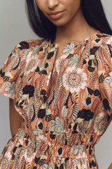 Elegant Orange Poly Rayon V-Neck Dress With Floral Print & Puff Sleeves