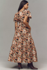 Elegant Orange Poly Rayon V-Neck Dress With Floral Print & Puff Sleeves