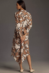 Ravising Brown Poly Rayon Collared Dress With Floral Print & Cuff Sleeve