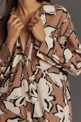 Ravising Brown Poly Rayon Collared Dress With Floral Print & Cuff Sleeve