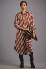 Elegant Wine Poly Rayon Collared Dress With Geometric & Cuff Sleeve