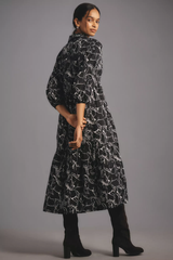 Stylish Black Poly Rayon Collared Dress With Horse Print & Puff Sleeves