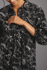 Stylish Black Poly Rayon Collared Dress With Horse Print & Puff Sleeves