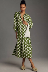Elegant Green Poly Rayon Collared Dress With Geometric & Puff Sleeves