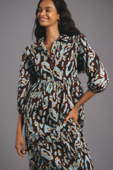 Chic Wine Poly Rayon Collared Dress With Abstract & Puff Sleeves