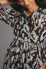 Chic Wine Poly Rayon Collared Dress With Abstract & Puff Sleeves