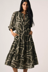 Elegant Grey Poly Rayon Round Neck Dress With Asymmeric Print & Balloon Sleeve