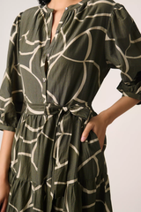 Elegant Grey Poly Rayon Round Neck Dress With Asymmeric Print & Balloon Sleeve
