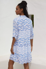 Chic White Poly Rayon Collared Dress With Fish Print & Regular Sleeve