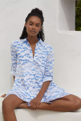 Chic White Poly Rayon Collared Dress With Fish Print & Regular Sleeve