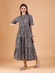Stylish Black Poly Rayon Round Neck Dress With Asymmeric Print & Cuff Sleeve