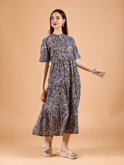 Stylish Black Poly Rayon Round Neck Dress With Asymmeric Print & Cuff Sleeve