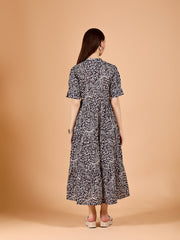 Stylish Black Poly Rayon Round Neck Dress With Asymmeric Print & Cuff Sleeve