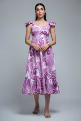 Purple Polyester Ruffle Sleeve Floral Print Dress