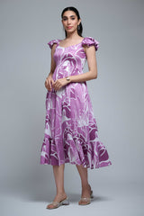 Purple Polyester Ruffle Sleeve Floral Print Dress