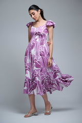 Purple Polyester Ruffle Sleeve Floral Print Dress