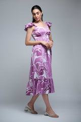 Purple Polyester Ruffle Sleeve Floral Print Dress