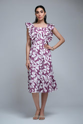 Purple Polyester Floral Print Ruffle Sleeve Dress