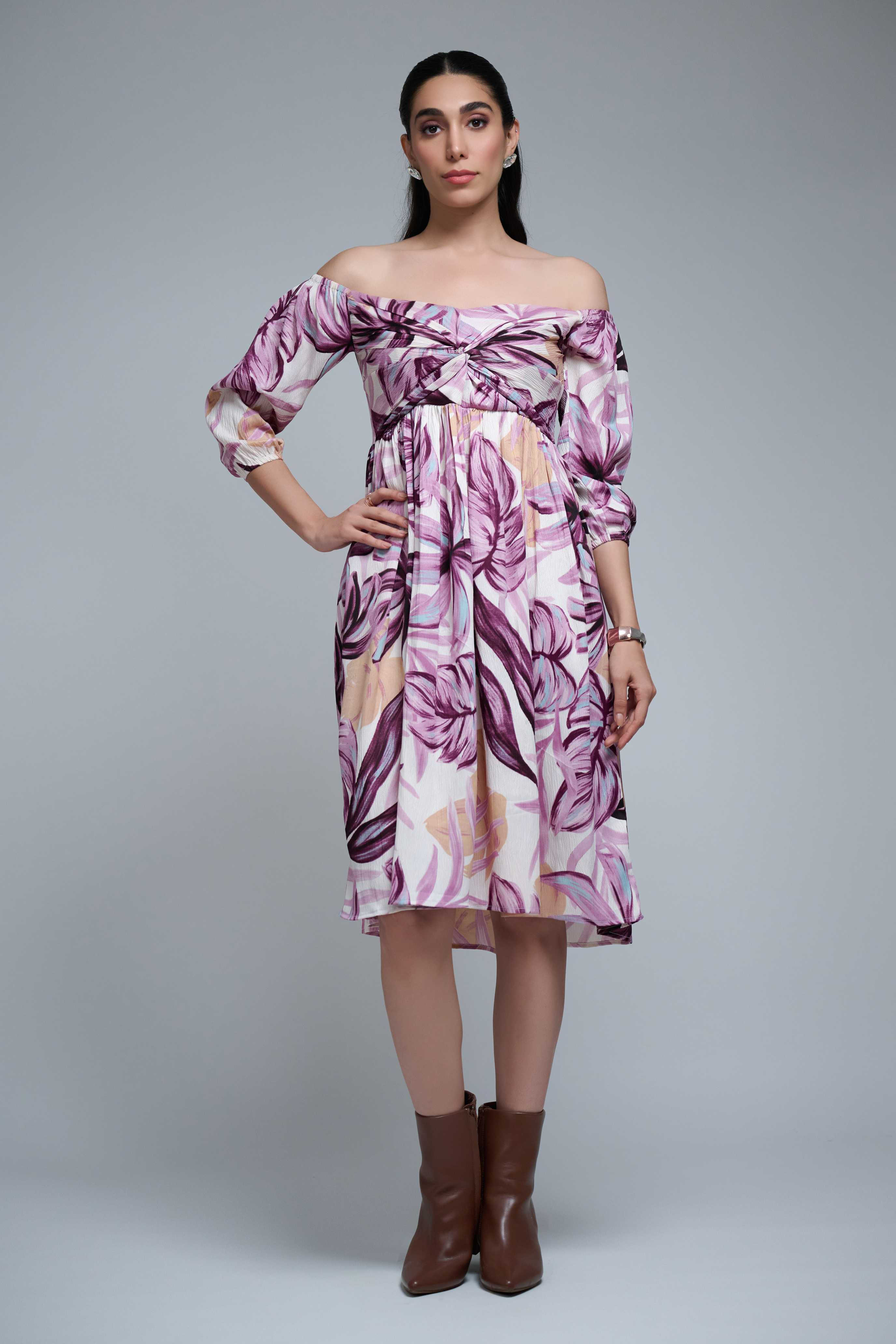 Purple Polyester Elbow Straight Sleeves Floral Print Dress