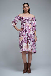 Purple Polyester Elbow Straight Sleeves Floral Print Dress