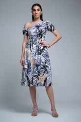 Black-Multi Polyester One Shoulder Sleeve Floral Print Dress