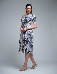Black-Multi Polyester One Shoulder Sleeve Floral Print Dress