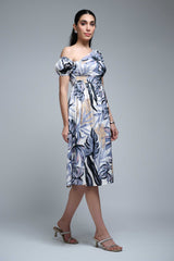 Black-Multi Polyester One Shoulder Sleeve Floral Print Dress