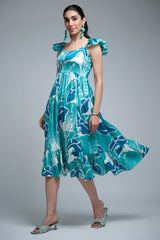 turquoise Polyester Ruffle Sleeve Leaf Print Dress