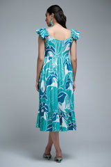 turquoise Polyester Ruffle Sleeve Leaf Print Dress