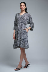 Black & White Poly Crepe V Neck Regular Sleeve Spiral Print Knee Length Dress