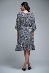 Black & White Poly Crepe V Neck Regular Sleeve Spiral Print Knee Length Dress
