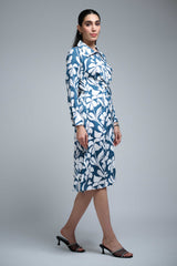 Blue-White Polyester Point Collar Cuff Sleeve Leaf Print Knee Length Dress