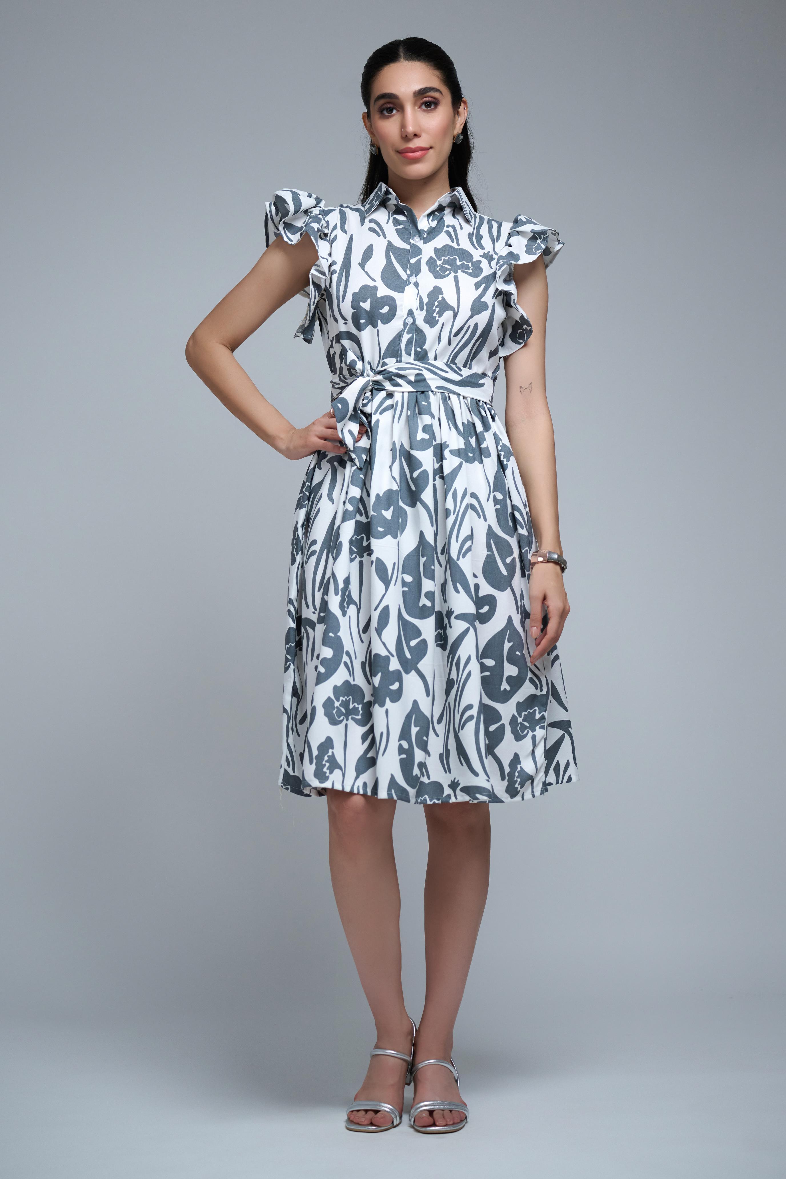 Grey Poly Rayon Leaf Print Ruffle Sleeve Dress