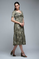 Olive Green Poly Lycra Regular Sleeve Leaf Print Dress